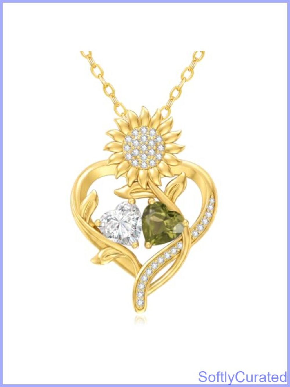 14K Gold Two Birthstone Sunflower Heart Pendant Necklace Women Jewelry